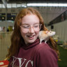 Annabel Ashton (13) with her pet rat Tinkerbell at the Rat and Mice show as part of the Sydney Eastern Show Ground, In Sydney, on March 22, 2024. Photo: Flavio Brancaleone / The Sydney Morning Herald
