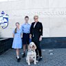 All Saints’ College principal Belinda Provis, with college captains Chloe Glass and Kanin Hoar, and dog Max.