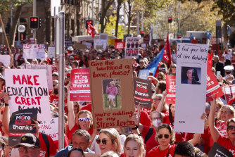Teachers strike outside NSW Parliament in May. They will strike again next week.