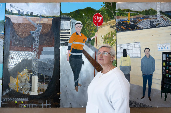 Jo-Anne McDonald-Singh was the manager of traffic control on the construction site that is now the new wing of the Art Gallery of NSW. She is one of many workers captured in artworks by Melbourne’s Richard Lewer.