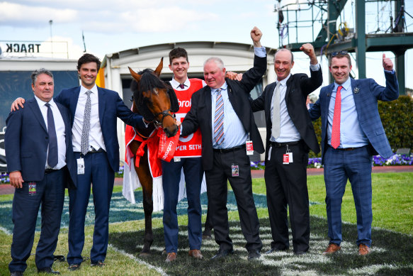 Anthony and Sam Freedman with Caulfield Guineas winner Super Seth and connections.