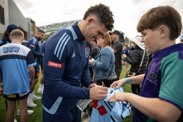 Nathan Cleary meets Blues fans on Monday.