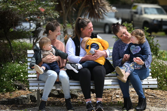Emma Andrews with son Albert (left), Jess McKenry with son Mason, and Stephanie Goodlet with daughter Frankie in Apollo Bay.
