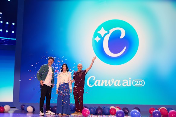 Canva founders Cliff Obrecht, Melanie Perkins and Cameron Adams on-stage in LA.