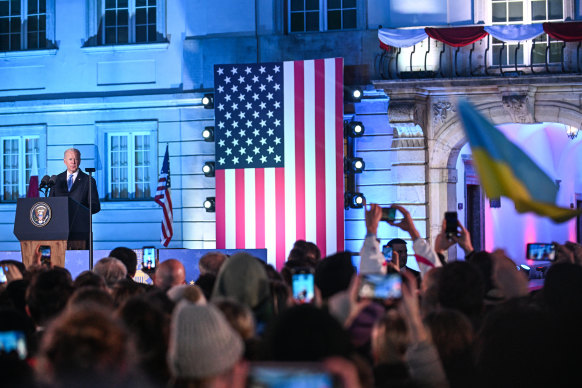 US President Joe Biden delivers a speech at the Royal Castle in Warsaw.