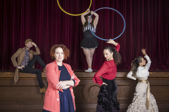 Kerri Glasscock, director of Sydney Fringe Festival, with performers AJ Lamarque and Kiri Pederson (with hula hoops), and flamenco artists Zoe Velez and Chachy Penalver, from Flamenkisimo at Marrickville Town Hall.