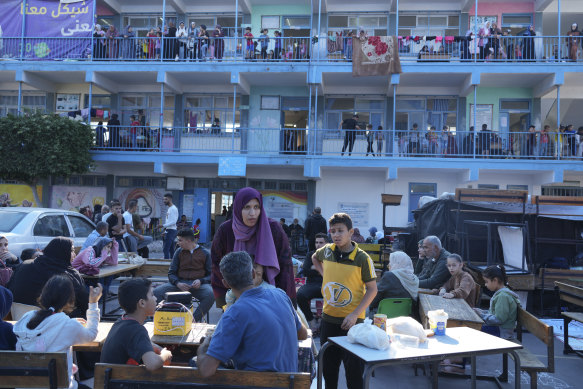 Palestinians take shelter in a UN-run school from the ongoing Israeli strikes on the Gaza Strip in Nuseirat at refugee camp last month.