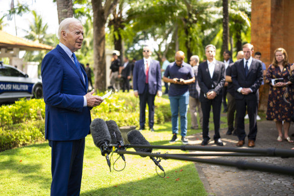 Joe Biden talks to the media after the meeting of G7 and NATO leaders.