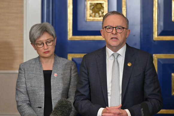 Foreign Affairs Minister Penny Wong and Prime Minister Anthony Albanese at a press conference in Jakarta.