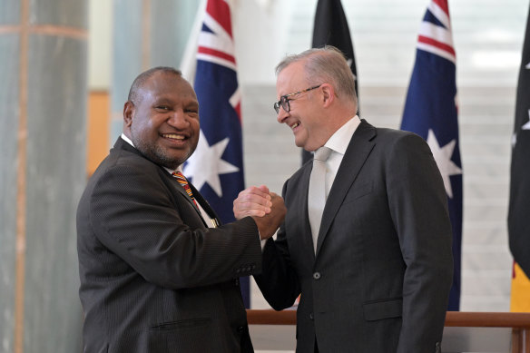 Australian Prime Minister Anthony Albanese, right, and his PNG counterpart James Marape on February 8.