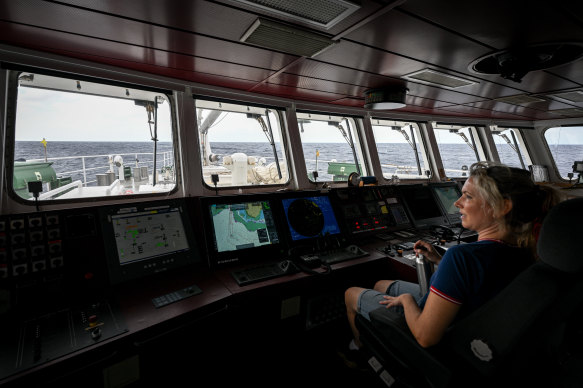 Second mate Katharina Koenig on the bridge en route to Kioa.