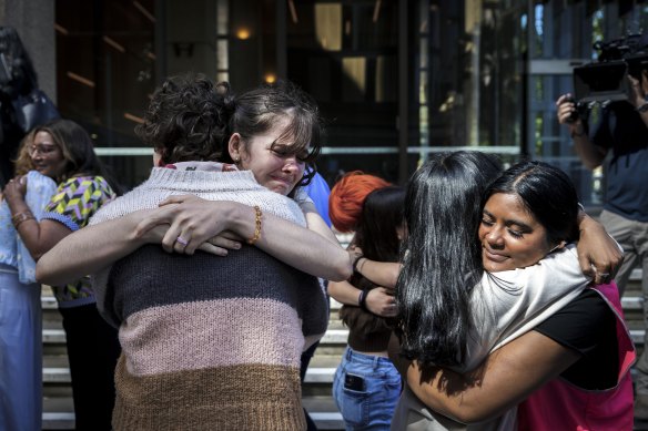Young climate activists Luca Saunders (L) and Natasha Abhayawickrama were emotional after Tuesday’s verdict was handed down.
