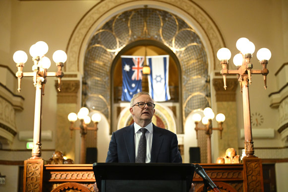 Australian Prime Minister Anthony Albanese speaks during a visit to the St Kilda Shule in Melbourne, Wednesday, October 11, 2023