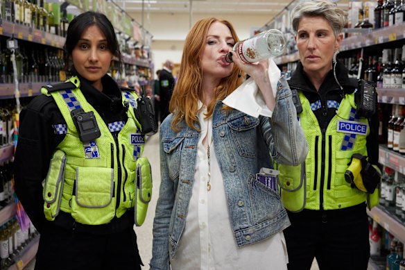 Taj Atwal (left) as Nisha, Rosalie Craig as Kitty and Tamsin Greig as Holly in Riot Women. 
