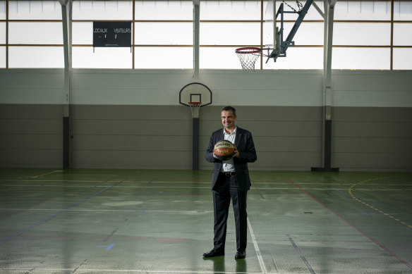 Richard Delepierre, mayor of Le Chesnay, France, at the Pellouard Gymanse basketball court where Victor Wembanyama learnt to play.