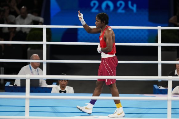 Ngamba reacts after losing to Panama’s Atheyna Bylon in their women’s 75kg semi-final boxing match at Roland Garros. 