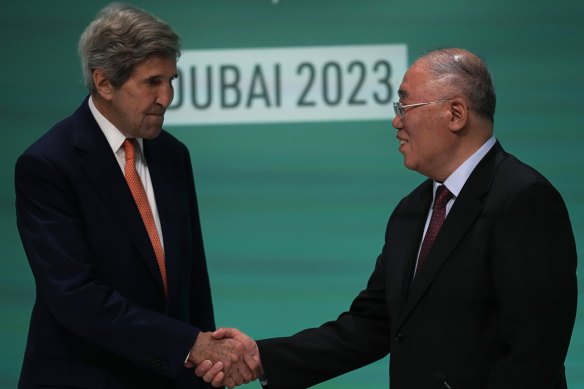 John Kerry, US special presidential envoy for climate, and Xie Zhenhua, China’s special envoy for climate, at COP28.