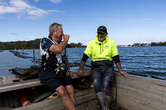 “I should have brought that bloody blindfold,” Connell joked. To show us the giant oysters he’s competing at Narooma with this year, he had to reveal their location to friend and rival Yiannaros.