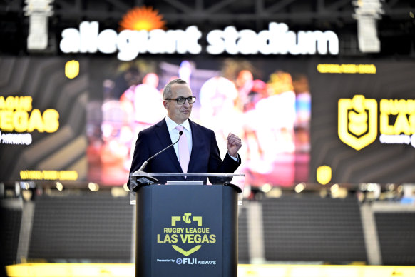 Andrew Abdo speaks at Allegiant Stadium, the home of the NFL’s Las Vegas Raiders.