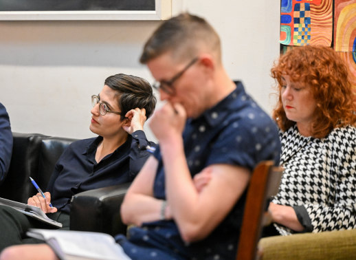 Gabrielle de Vietri (Greens), Roz Ward (Victorian Socialists), and Lauren O’Dwyer (Labor) at the Cherry Tree Hotel on Wednesday night.