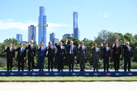 Prime Minister Anthony Albanese with all other leaders for the ASEAN “family photo” at Government House in Melbourne on Wednesday.