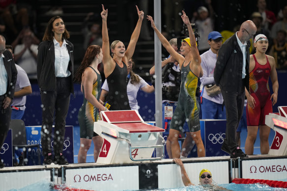 Australia’s 4x100m women’s relay team celebrates their victory.