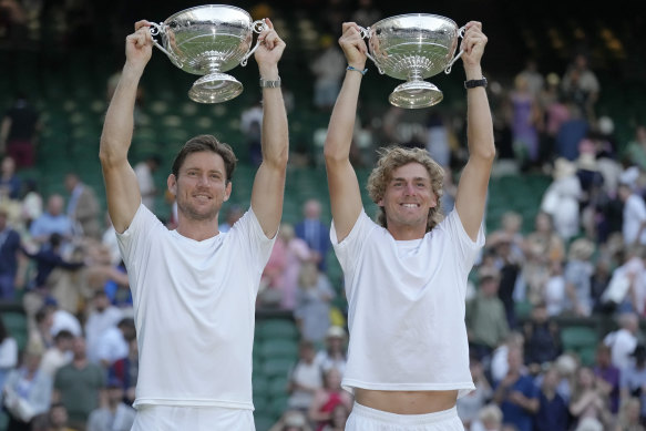 Matthew Ebden (left) and Max Purcell celebrate their win in the  men’s doubles final at Wimbledon last year.