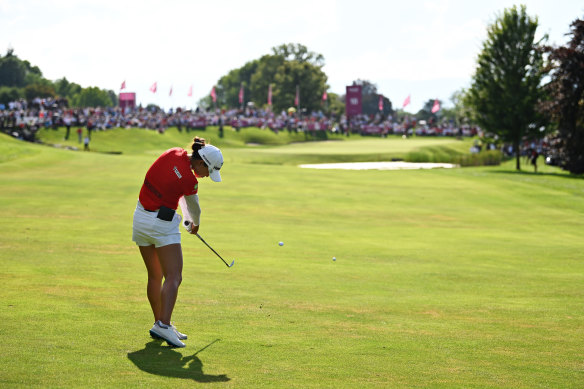 Minjee Lee plays an approach shot on the 18th hole during the playoff.