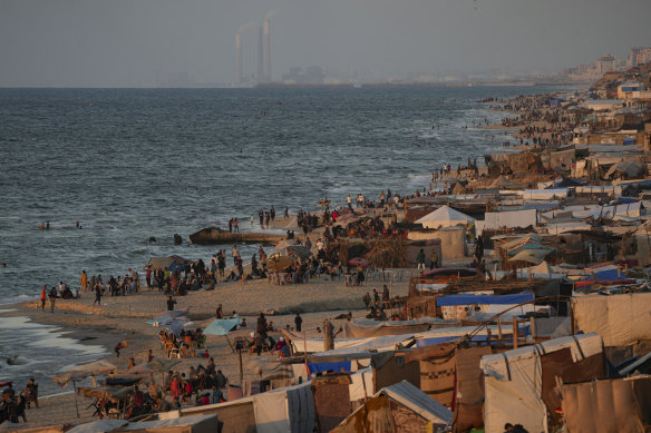 Tents are crammed together as displaced Palestinians camp along the beach of Deir al-Balah, central Gaza Strip, last month. 