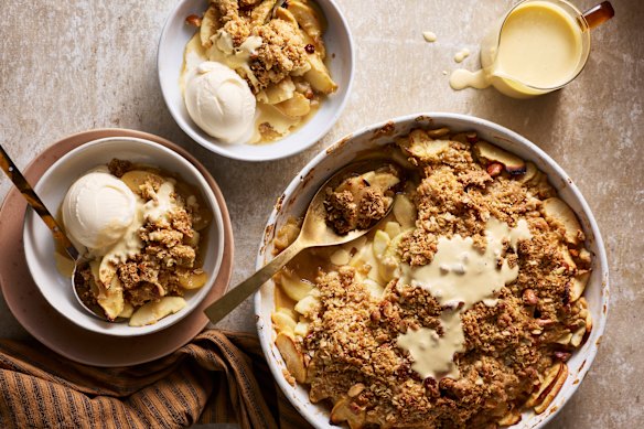 Serve apple crumble with thick home-made custard and ice-cream.