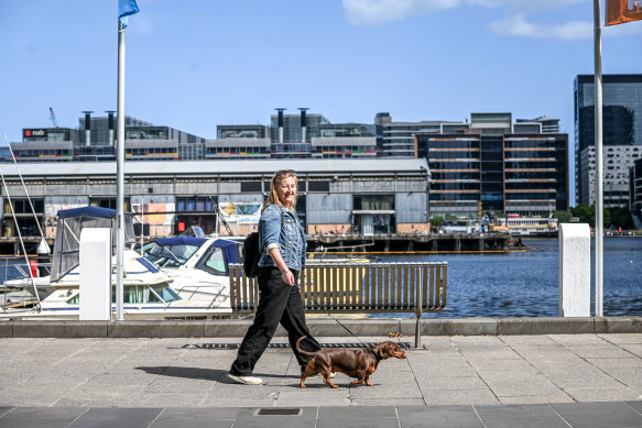 Docklands resident Liz Porter with her dog Elliott.