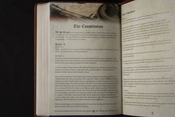 The Constitution of the United States printed in Donald Trump’s “God Bless the USA” Bible. The Constitution restrains the use of military forces on US soil.