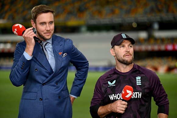 Brendon McCullum with Channel Seven commentator and former England player Stuart Broad. 