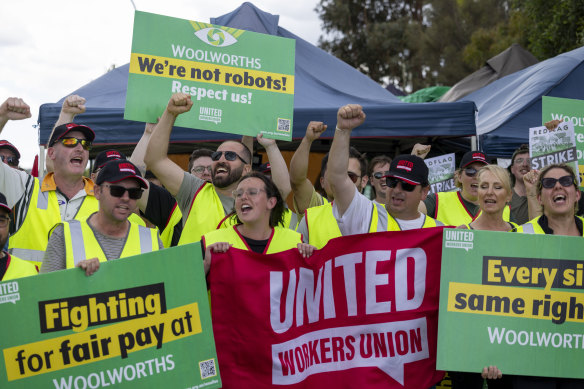 The scene this week at Woolworths’ distribution centre in Dandenong South, where a strike has left shelves bare in stores all over Melbourne.