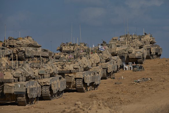 Israel tanks in a staging area close to the Gaza Strip border in Southern Israel on Sunday.