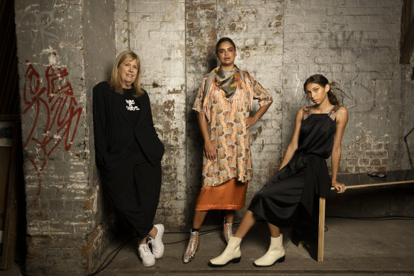 Ngali founder Denni Francisco with models Samantha Harris and Latahlia Hickling ahead of the first solo show by a First Nations brand.