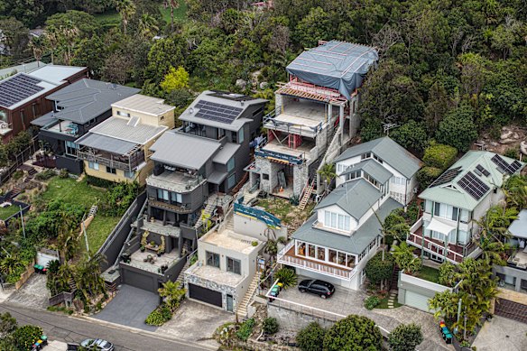 An aerial view of the Newport home (third from right) at the centre of controversy over unauthorised works. 