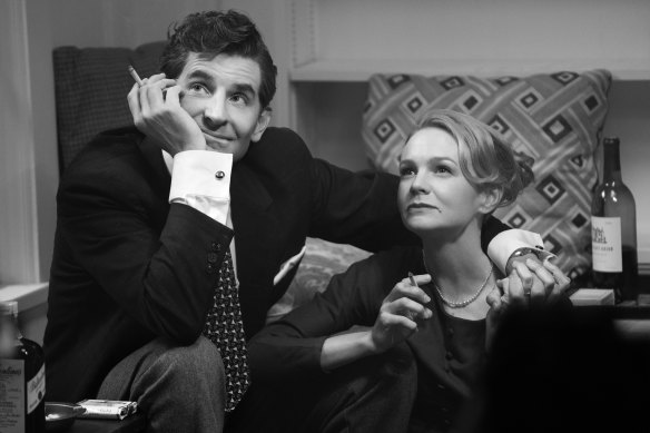 Bradley Cooper as Leonard Bernstein and Carey Mulligan as Felicia Montealegre in Maestro.