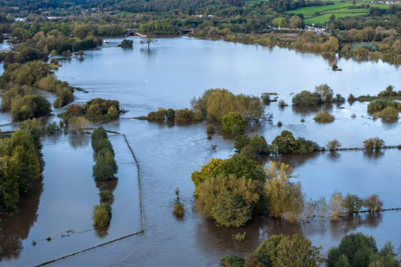An aerial view of flooded fields near Derby rugby Club after the River Derwent burst its banks in Derby, United Kingdom. 