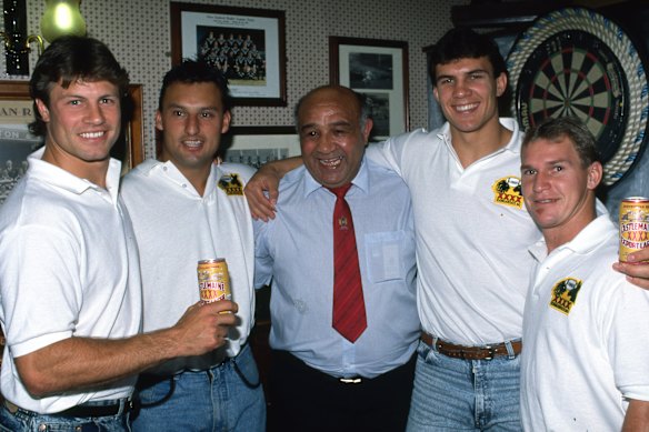 From left to right: Andrew Ettingshausen, Laurie Daley, Mark McGaw and Allan Langer with Sir Billy Boston (centre) on the 1990 Australian Kangaroos tour.