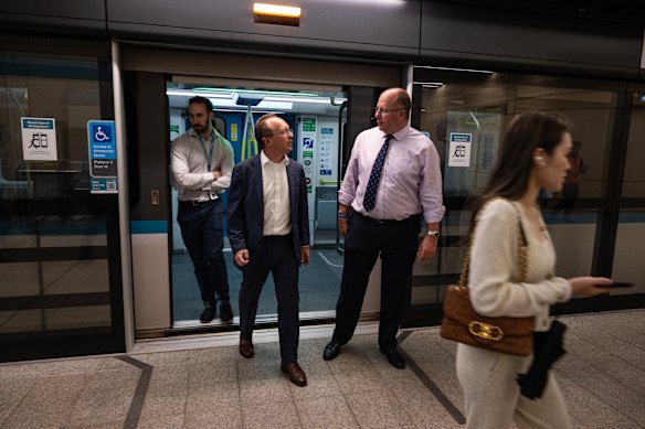 Sydney Metro chief executive Peter Regan (left) takes Transport for London commissioner Andy Lord on a tour of the M1 metro line in late 2024.