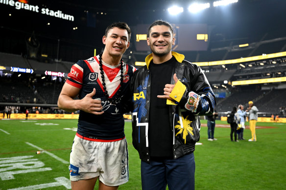 Joey Manu with Los Angeles Rams wide receiver Puka Nacua at Allegiant Stadium.