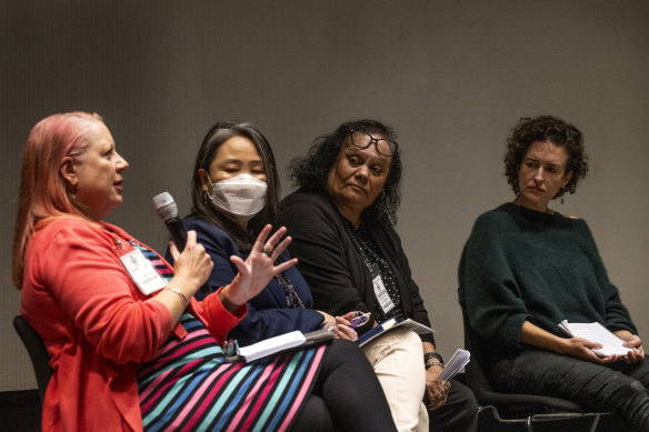 Women’s Community Shelters CEO Annabelle Daniel, Older Women’s Network NSW CEO Yumi Lee, Wirringa Baiya Aboriginal Women’s Legal Centre CEO Christine Robinson, and coercive control expert and author Jess Hill at a briefing at NSW parliament.