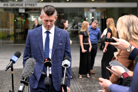 Lee Lovell, husband of victim Emma Lovell, talks to media after the sentencing of the first teenage defendant.