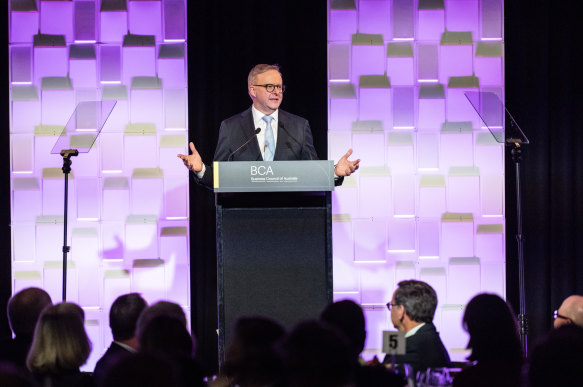 Prime Minister Anthony Albanese addresses the Business Council of Australia’s annual dinner.