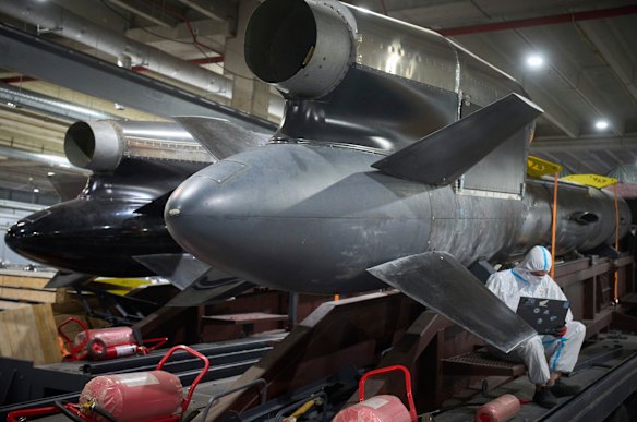 Workers inspect Flamingo cruise missiles at a secret factory in Ukraine this month.