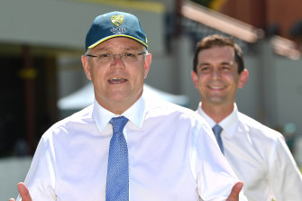 Brisbane MP Trevor Evans with Prime Minister Scott Morrison at the Allan Border Field last week.