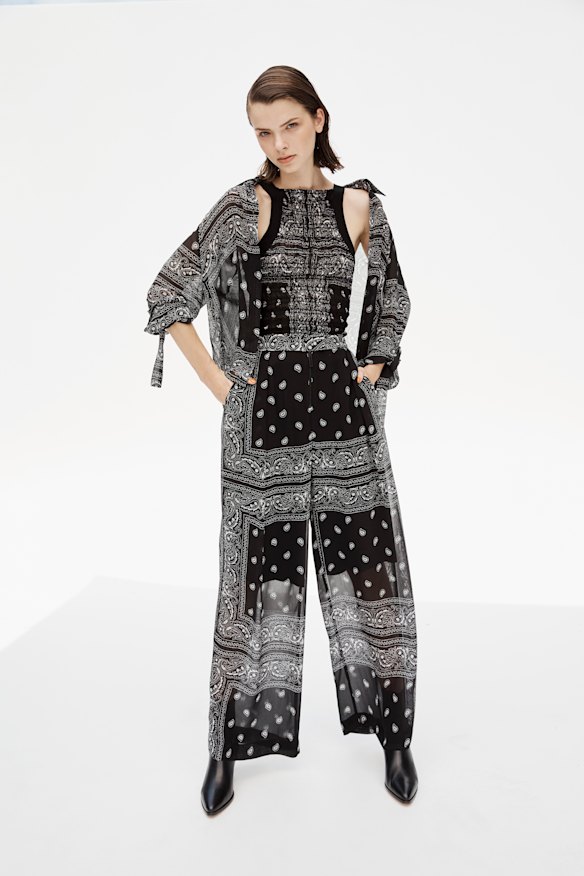 Dion Lee “Bandana” shirt, $490; “Bandana Shirred” tank, $390; “Bandana Scarf” trousers, $690. Sandro Paris boots, $650.