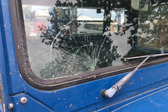 The windscreen damaged by a potato fired from a makeshift potato cannon on Thursday morning.