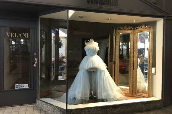 Roxy Jacenko's dress in the window of Five Dock's Velani 48 hours after the Gold Dinner.